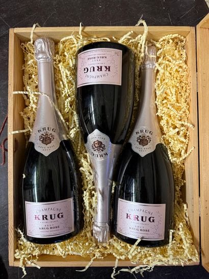 3 bottles Champagne Krug Rosé Brut. 
Wooden...