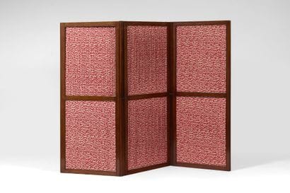 Three-panel 
mahogany folding screen decorated...