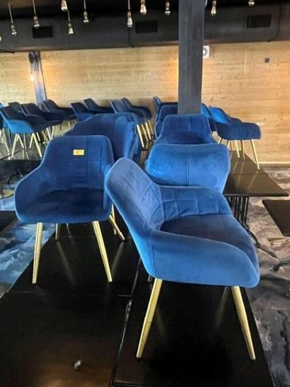 38 chaises en velours bleu pieds fer doré...