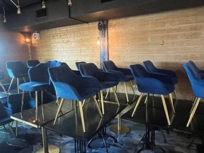 38 chaises en velours bleu pieds fer doré...