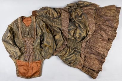 Daytime dress, circa 1885, in green striped...