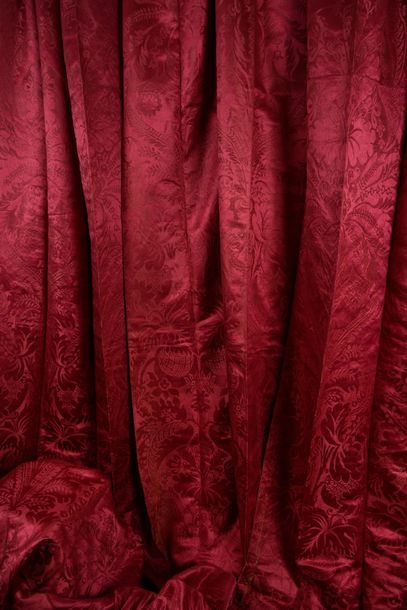 Pair of raspberry brocatelle curtains, first...