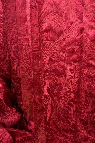 Pair of raspberry brocatelle curtains, first...