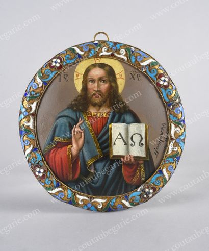 CHRIST PANTOCRATOR.
Russian icon, round shape,...