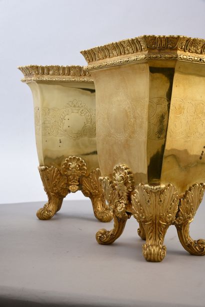 A PAIR OF GILT METAL PLANTERS. Rectangular...
