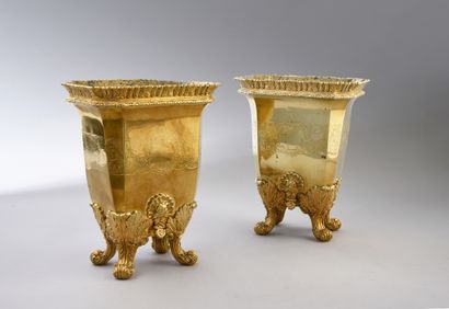 A PAIR OF GILT METAL PLANTERS. Rectangular...
