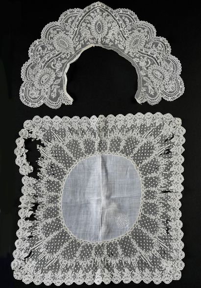 
A handkerchief and a collar in Alençon lace,...