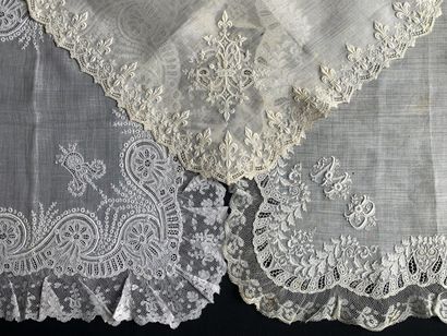 Three embroidered handkerchiefs, France,...