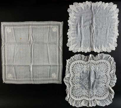 Three embroidered handkerchiefs, mid 19th...
