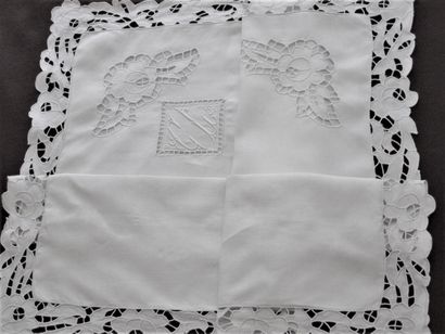 Sheet and two pillowcases in Richelieu embroidery,...