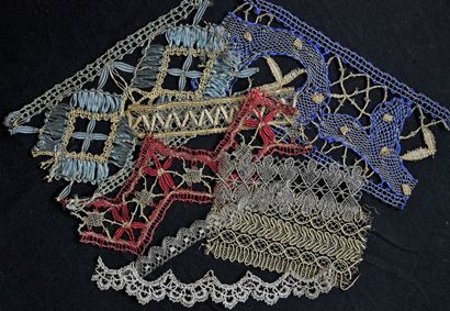 Metal and silk lace samples, bobbins, early...