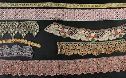 Seven polychrome bobbin lace borders, end...