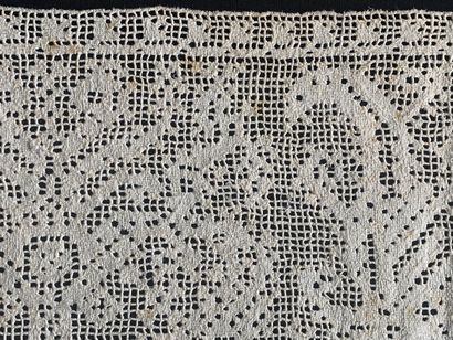 Panel in drawn threads with animals, end...