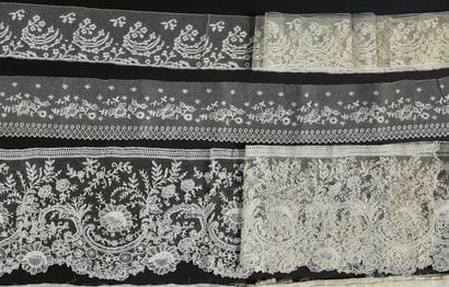 Four lace borders, needle and spindles, end...