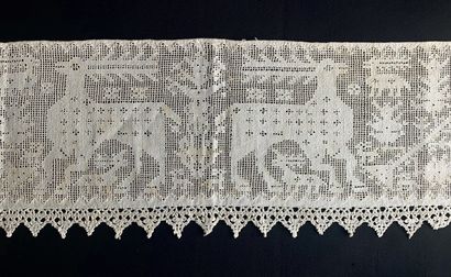 Panel in drawn threads with animals, end...
