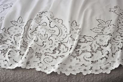 Sheet and two pillowcases in Richelieu embroidery,...