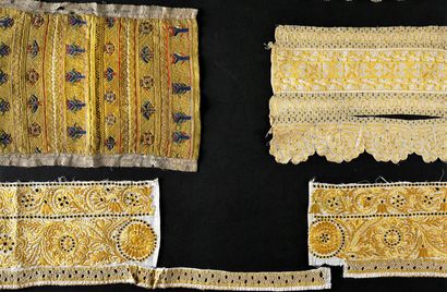 Two headdresses and three facings, embroidery...