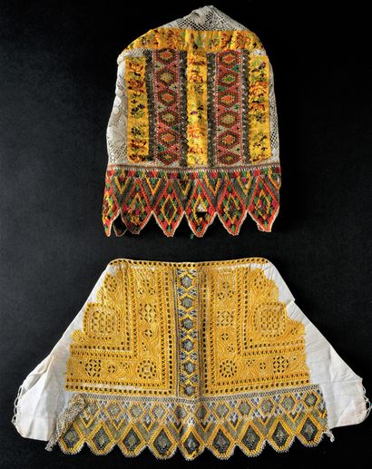 Two headdresses and three facings, embroidery...