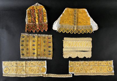 Two headdresses and three facings, embroidery...