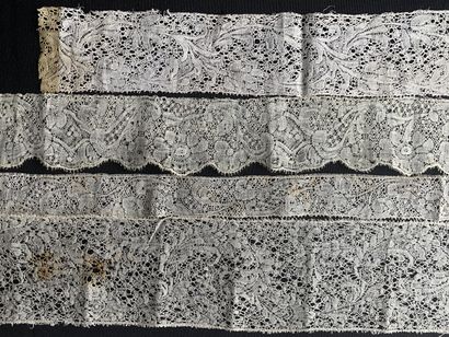 Seven borders in Binche lace, spindles, circa...