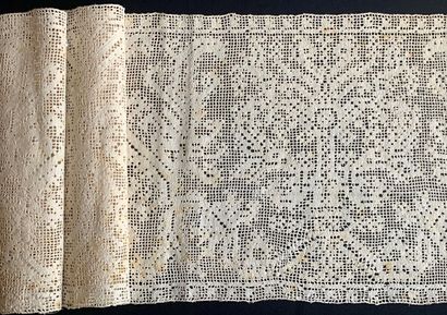 Panel in drawn threads with animals, end...