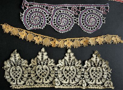 Seven polychrome bobbin lace borders, end...