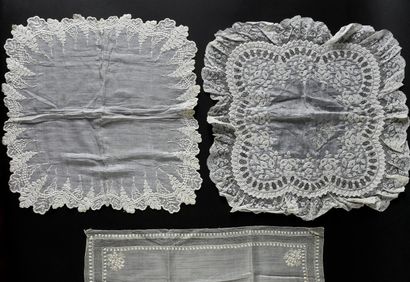 Three embroidered handkerchiefs, mid 19th...
