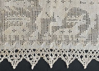 Panel in drawn threads with animals, end...