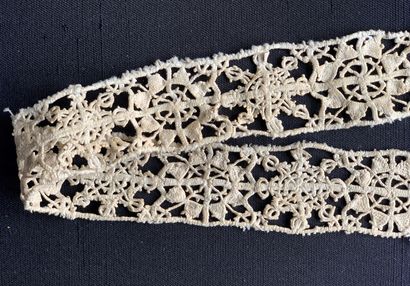 Two lengths of needle lace, Italy, end of...