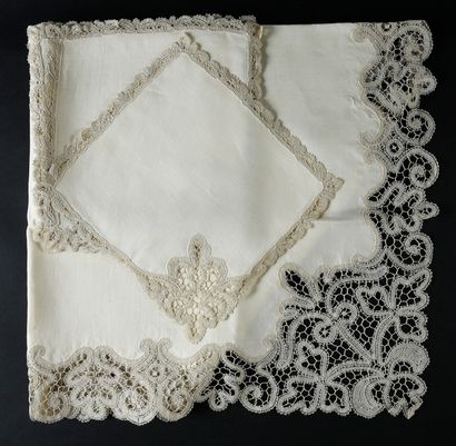 Four table services, bobbin lace surround,...