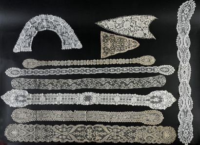 Ten collars, wimps and ties in Brussels lace,...