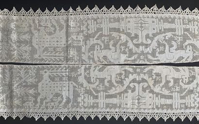 Panel in drawn threads with animals, end...