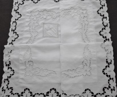 Sheet and two pillowcases in Richelieu embroidery,...