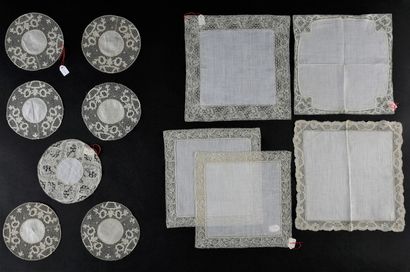 Twelve lace handkerchiefs and saucers, Belgium,...