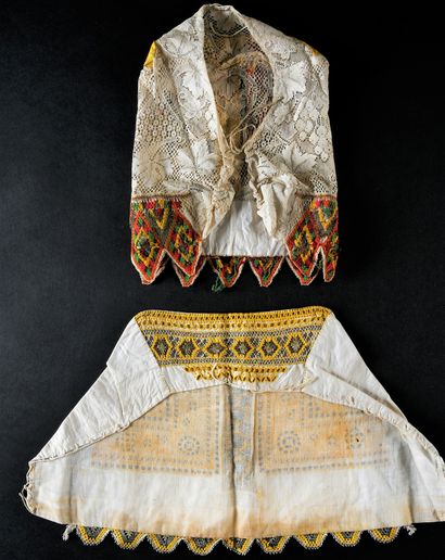 Two headdresses and three facings, embroidery...
