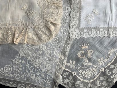 Four embroidered handkerchiefs, 19th century....