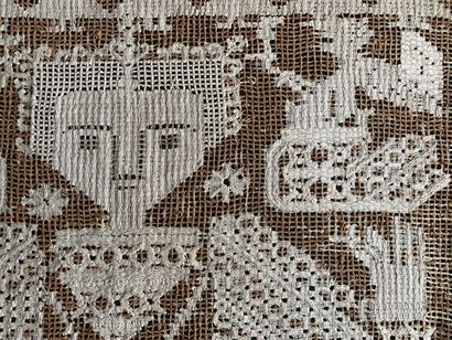 Panel in drawn thread with characters, end...