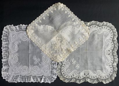 Three embroidered handkerchiefs, France,...