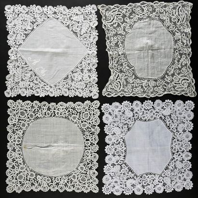 Four Honiton lace handkerchiefs, spindles,...