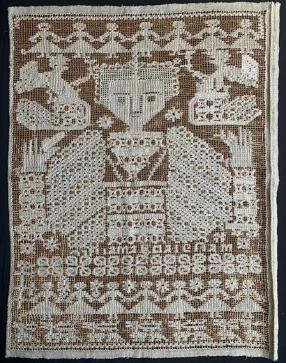 Panel in drawn thread with characters, end...