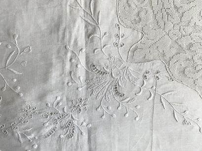 Embroidered linen and lace blind, early 20th...