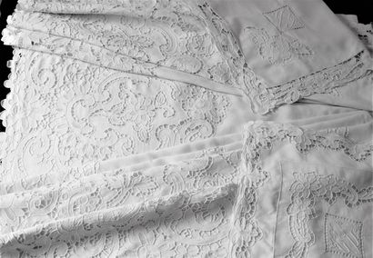 Sheet and two pillowcases in Richelieu embroidery,...