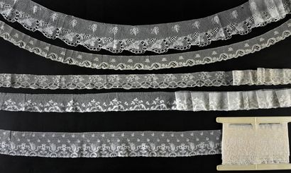 Five lace borders Point de Paris, bobbins,...