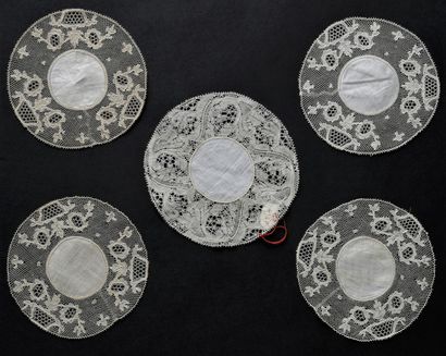 Twelve lace handkerchiefs and saucers, Belgium,...