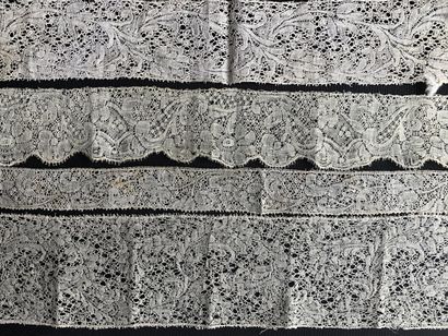 Seven borders in Binche lace, spindles, circa...