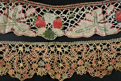 Seven polychrome bobbin lace borders, end...
