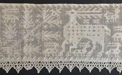 Panel in drawn threads with animals, end...