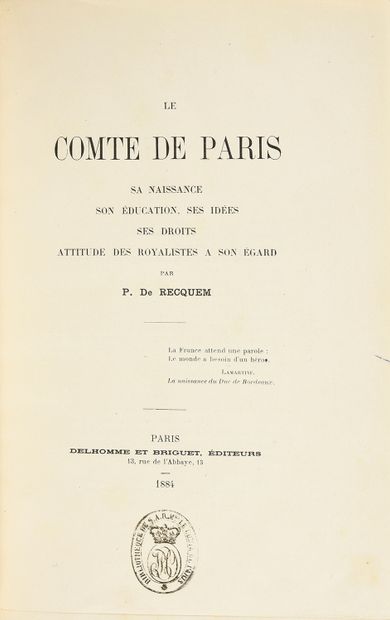 [BIBLIOTHÈQUE DU COMTE DE PARIS].
RECQUEM...