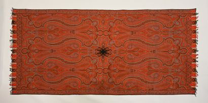 Long cashmere shawl, circa 1870, black four-lobed...