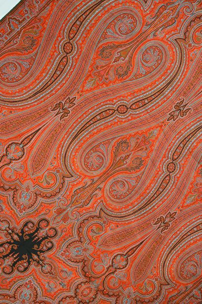 Long cashmere shawl, circa 1870, black four-lobed...